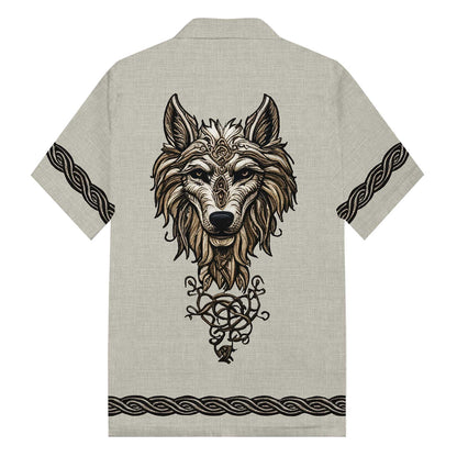 Men's Retro Viking Totem Wolf Camp Collar Short Sleeve Shirt