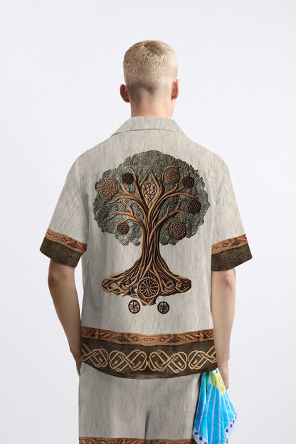 Retro Viking Celtic Knot Tree Of Life Camp Collar Short Sleeve Shirt