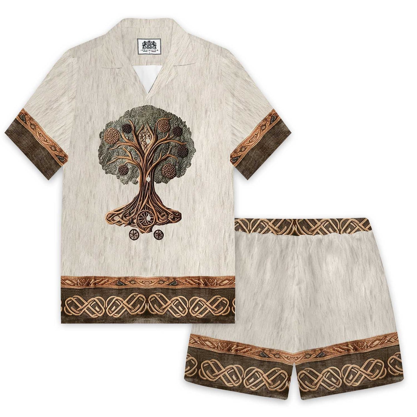 Retro Viking Celtic Knot Tree Of Life Camp Collar Short Sleeve Shirt