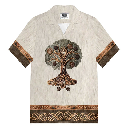Retro Viking Celtic Knot Tree Of Life Camp Collar Short Sleeve Shirt