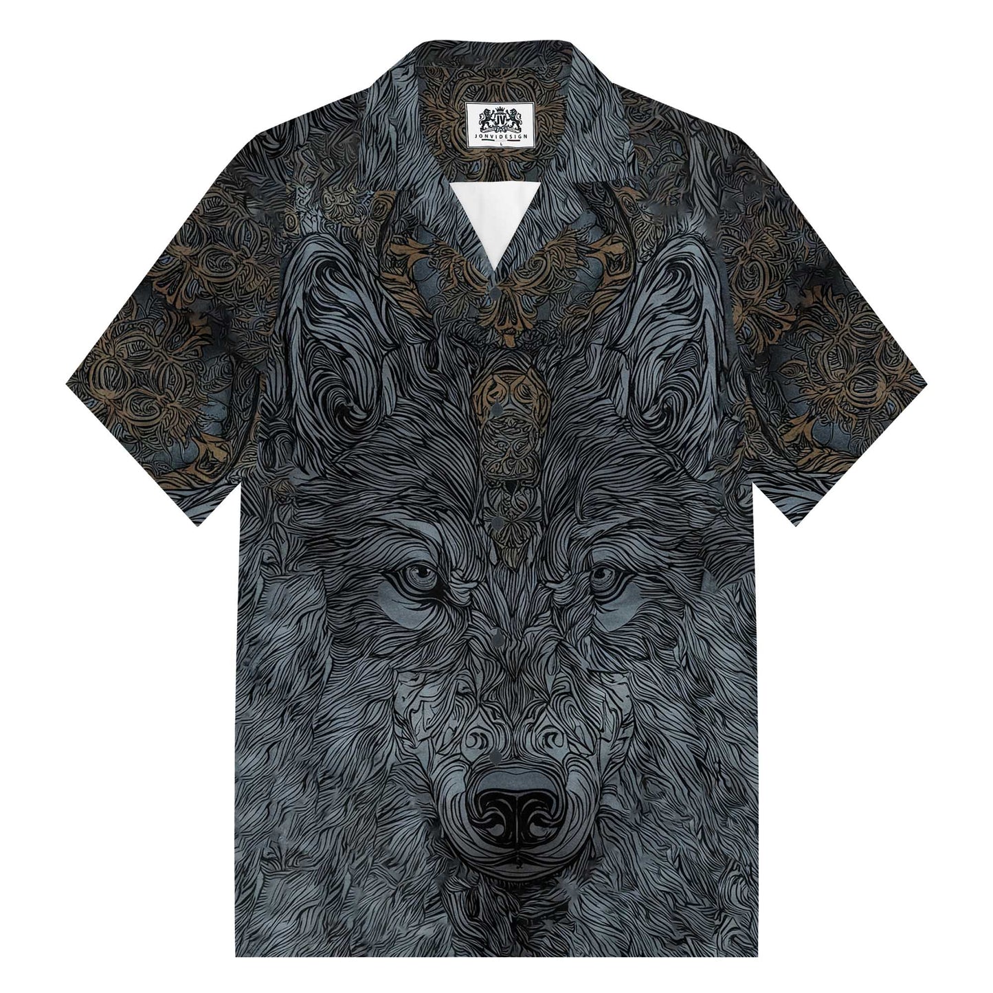 Mysterious Night Wolf King Camp Collar Short Sleeve Shirt
