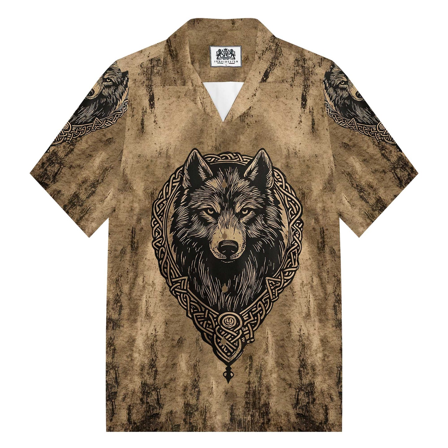 Retro Viking Wolf King Camp Collar Short Sleeve Shirt