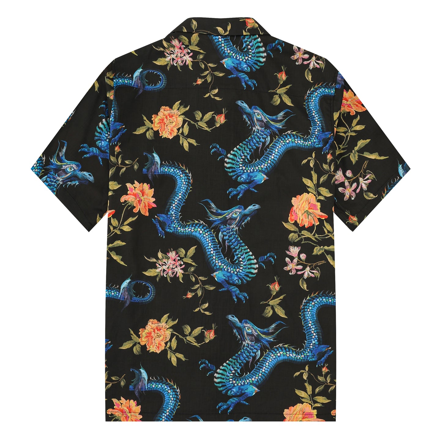 Ukiyo-e Floral Dragon Printed Camp Collar Short Sleeve Shirt