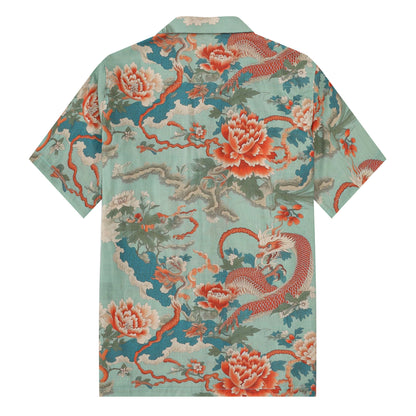 Ukiyo-e Gragon Floral Pattern Camp Collar Short Sleeve Shirt
