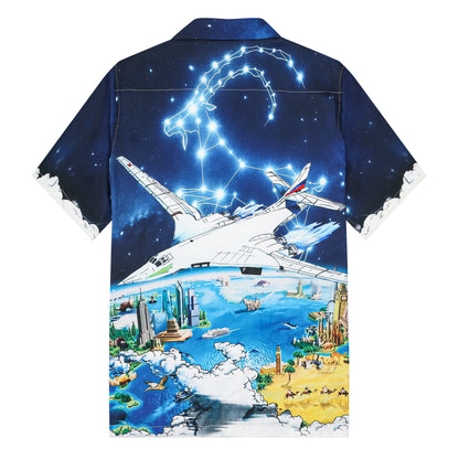 Airplane Starry Night Print Short Sleeve Camp Collar Shirt