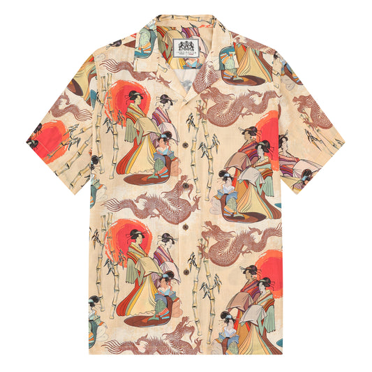 Ukiyo-e Japanese Women Printed Camp Collar Short Sleeve Shirt