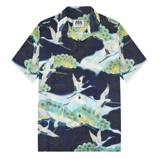 Ukiyo-e Crane Pattern Camp Collar Short Sleeve Shirt