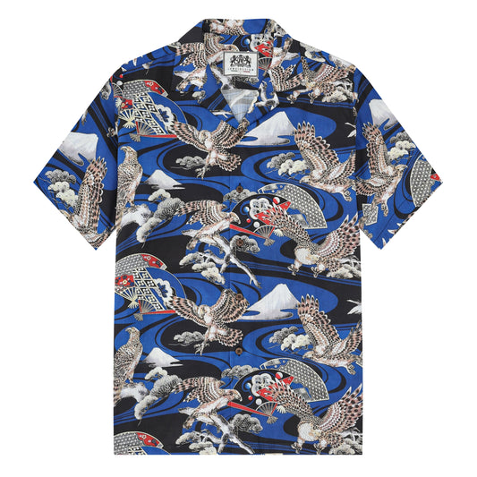 Ukiyo-e Falcons Fans Pattern Camp Collar Short Sleeve Shirt