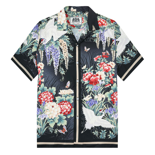 Ukiyo-e Floral Crane Printed Camp Collar Short Sleeve Shirt