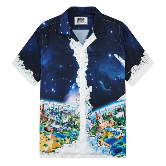 Airplane Starry Night Print Short Sleeve Camp Collar Shirt