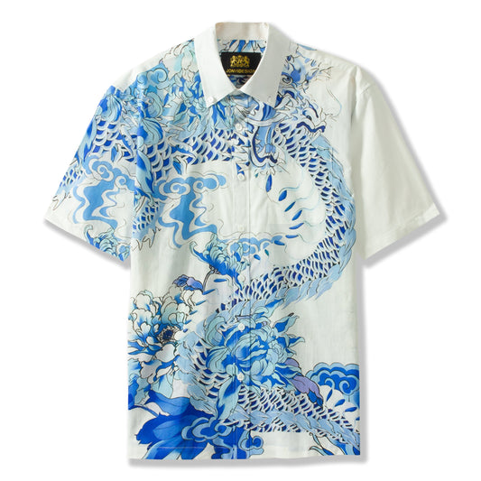 Dragon Print Short Sleeve Button-down Shirt for Men Jonvidesign