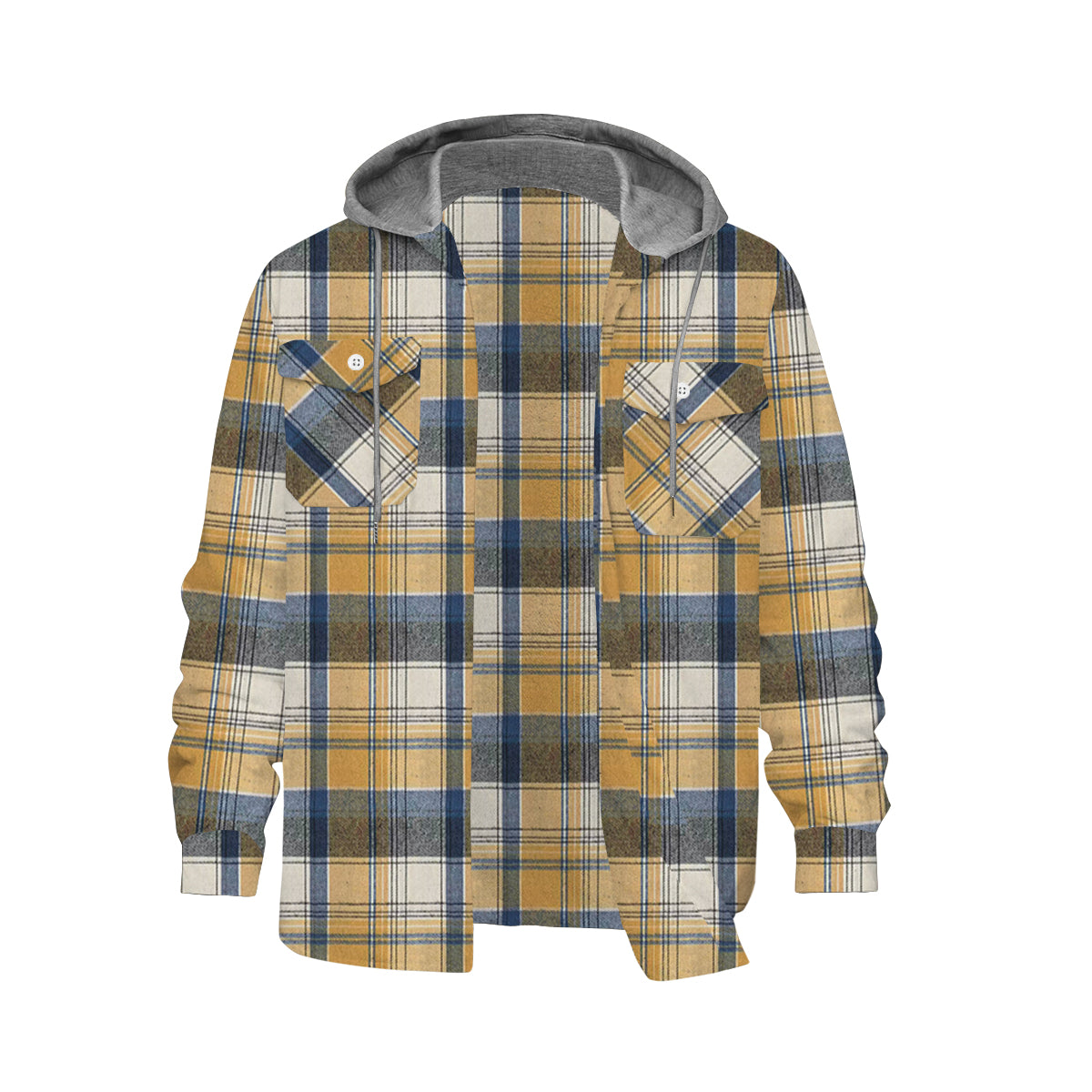 Men's Yellow Vintage Plaid Long Sleeve Hooded Shirt