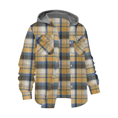 Men's Yellow Vintage Plaid Long Sleeve Hooded Shirt