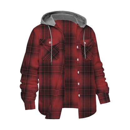 Red Large Plaid Long Sleeve Hooded Shirt