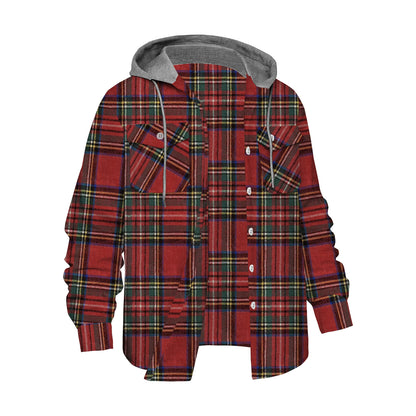 Red Plaid Long Sleeve Hooded Shirt Retro Fashionable And Versatile