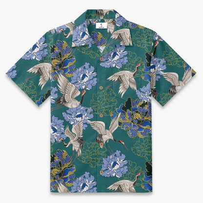 Crane Perched on Blue Peonies Camp Shirt