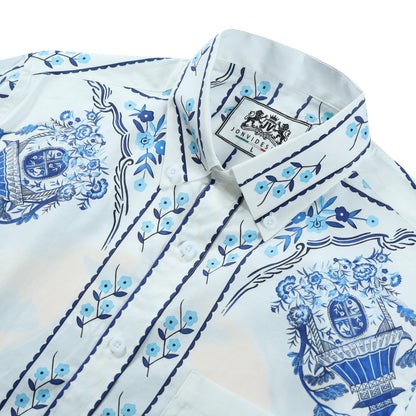 Floral Palace Pattern Long Sleeve Button Down Shirt in Blue Jonvidesign