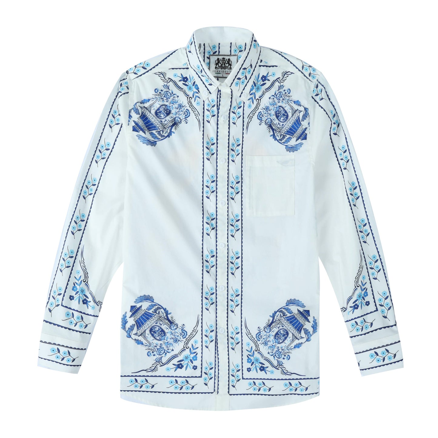 Floral Palace Pattern Long Sleeve Button Down Shirt in Blue Jonvidesign