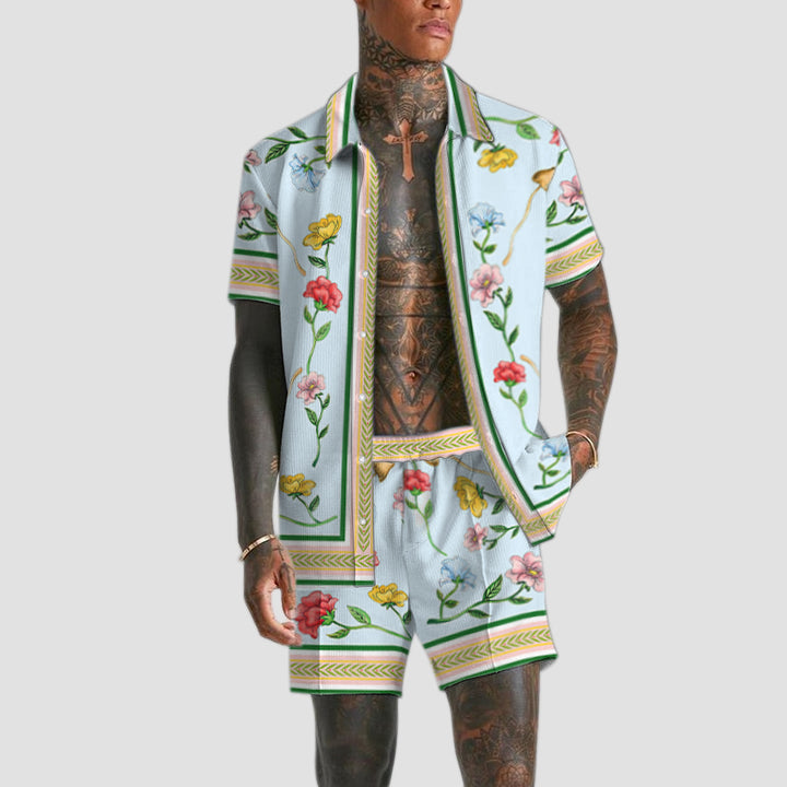 Botanical Print Collared Long-sleeved Loose-fitting Shirt and Elastic Waist Casual Shorts Set