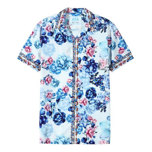 Floral Pattern Short Sleeve Camp Collar Shirt in Blue Jonvidesign