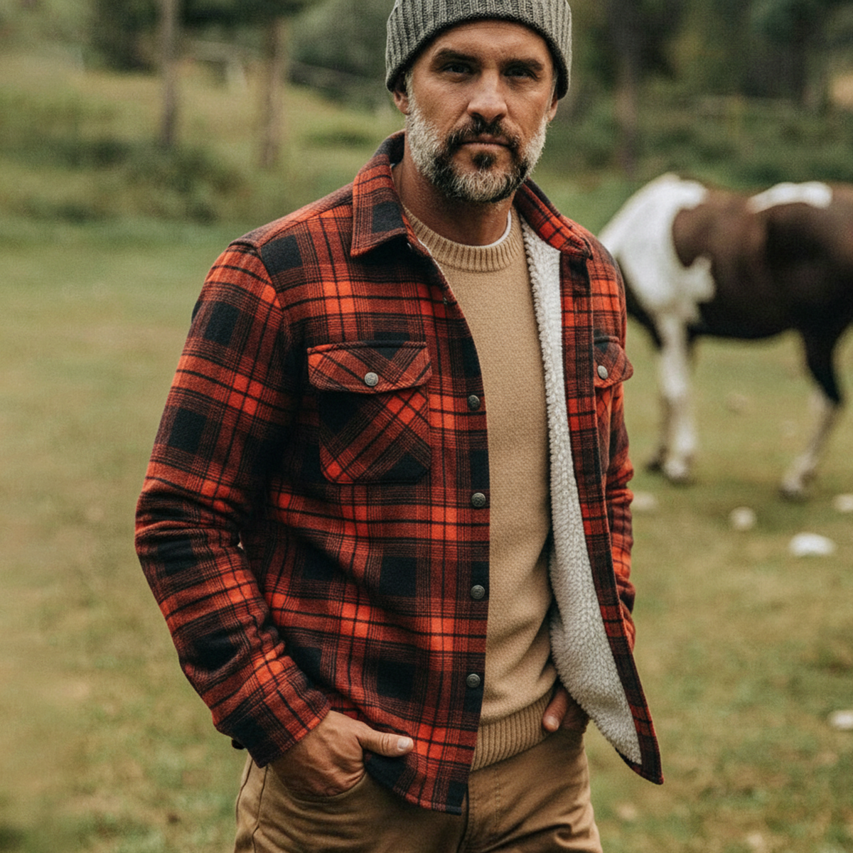 Flannel Plaid Button Shirt Lumber Jacket - Orange