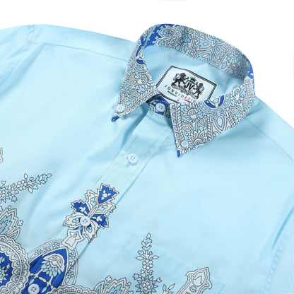Grey Blue Paisley Pattern Long Sleeve Button Down Shirt Jonvidesign