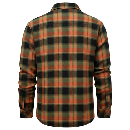 Orange-Green-Black Plaid Button Down Flannel Jacket