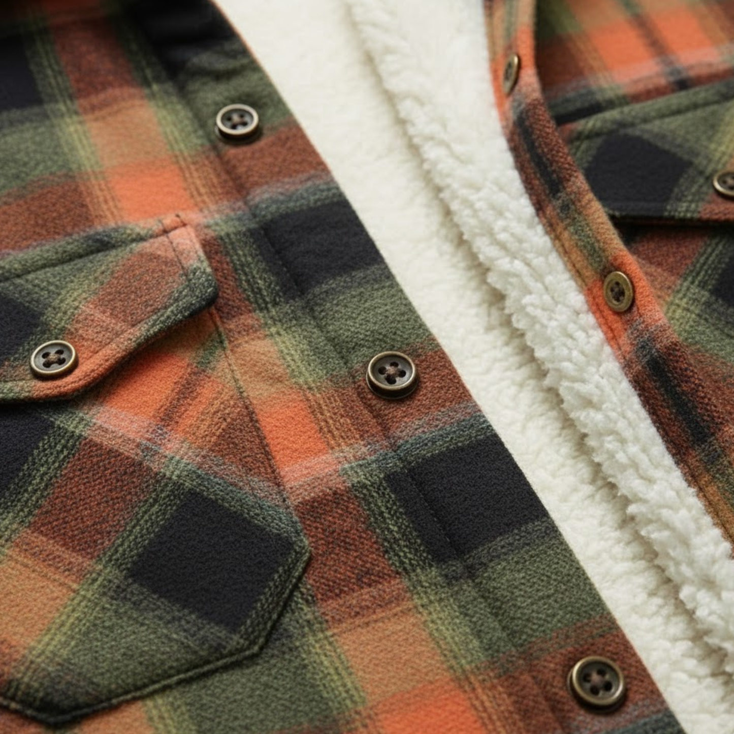 Orange-Green-Black Plaid Button Down Flannel Jacket