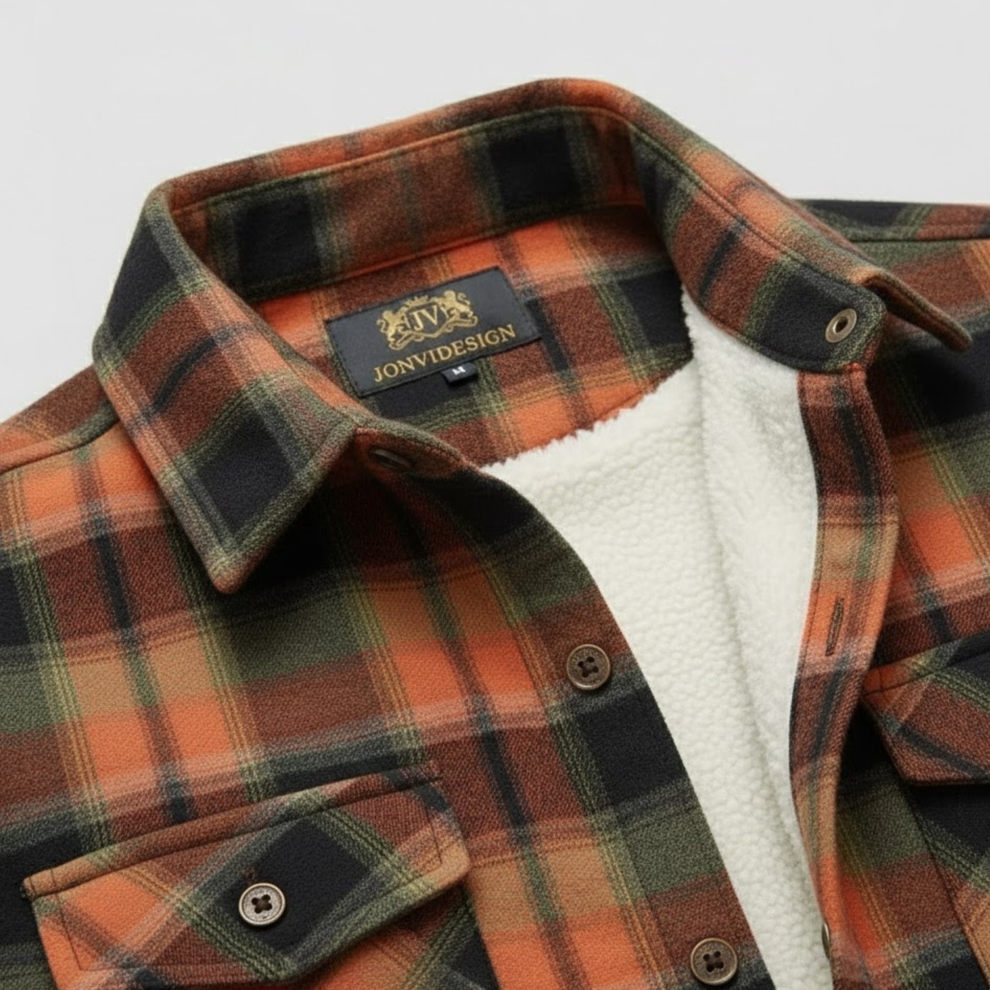 Orange-Green-Black Plaid Button Down Flannel Jacket