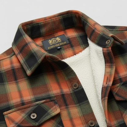 Orange-Green-Black Plaid Button Down Flannel Jacket