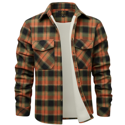 Orange-Green-Black Plaid Button Down Flannel Jacket