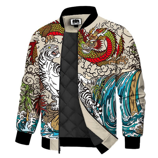 Dragon & Tiger Cloud Print Quilted Lined Bomber Jacket