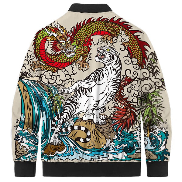 Dragon & Tiger Cloud Print Quilted Lined Bomber Jacket