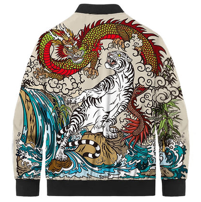 Dragon & Tiger Cloud Print Quilted Lined Bomber Jacket