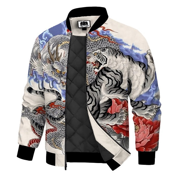 White Tiger & Silver Dragon Peony Print Quilted Lined Bomber Jacket
