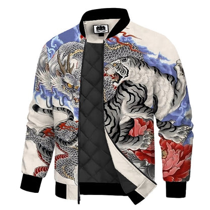 White Tiger & Silver Dragon Peony Print Quilted Lined Bomber Jacket
