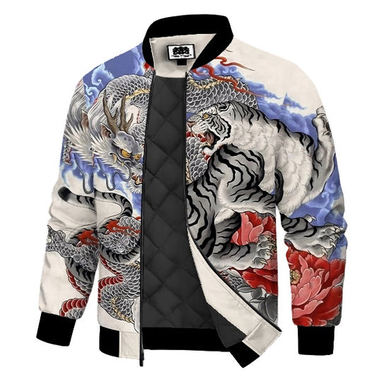 White Tiger & Silver Dragon Peony Print Quilted Lined Bomber Jacket