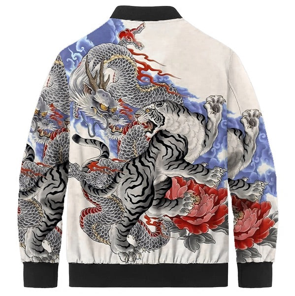 White Tiger & Silver Dragon Peony Print Quilted Lined Bomber Jacket