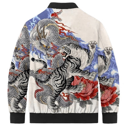White Tiger & Silver Dragon Peony Print Quilted Lined Bomber Jacket
