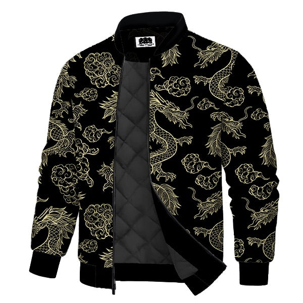 Black & Gold Cloud Dragon Print Quilted Lined Bomber Jacket