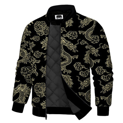 Black & Gold Cloud Dragon Print Quilted Lined Bomber Jacket