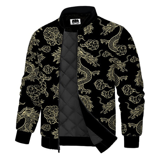 Black & Gold Cloud Dragon Print Quilted Lined Bomber Jacket
