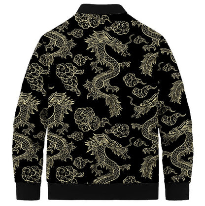 Black & Gold Cloud Dragon Print Quilted Lined Bomber Jacket