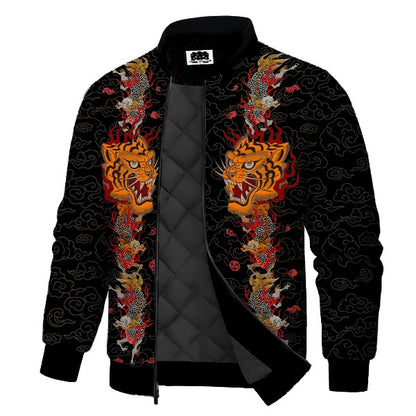 Flame Pattern Dragon & Tiger Print Quilted Lined Bomber Jacket