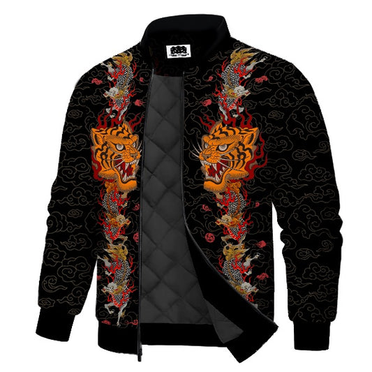 Flame Pattern Dragon & Tiger Print Quilted Lined Bomber Jacket