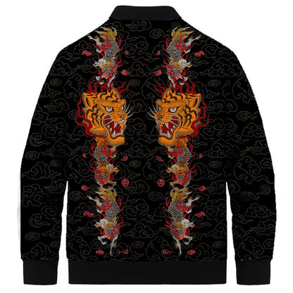Flame Pattern Dragon & Tiger Print Quilted Lined Bomber Jacket