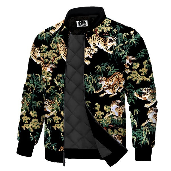 Bamboo Grove Tiger Herd Print Quilted Lined Bomber Jacket