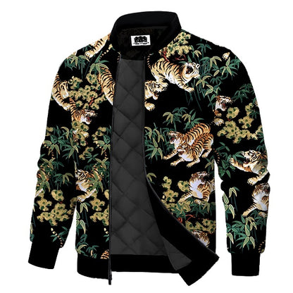 Bamboo Grove Tiger Herd Print Quilted Lined Bomber Jacket