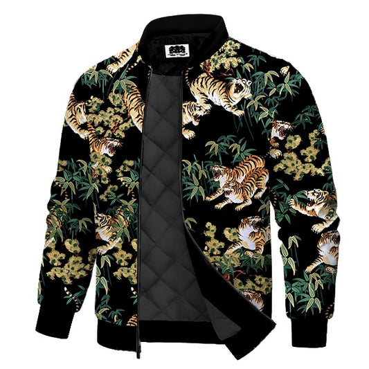 Bamboo Grove Tiger Herd Print Quilted Lined Bomber Jacket