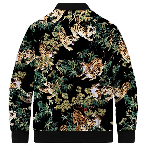 Bamboo Grove Tiger Herd Print Quilted Lined Bomber Jacket